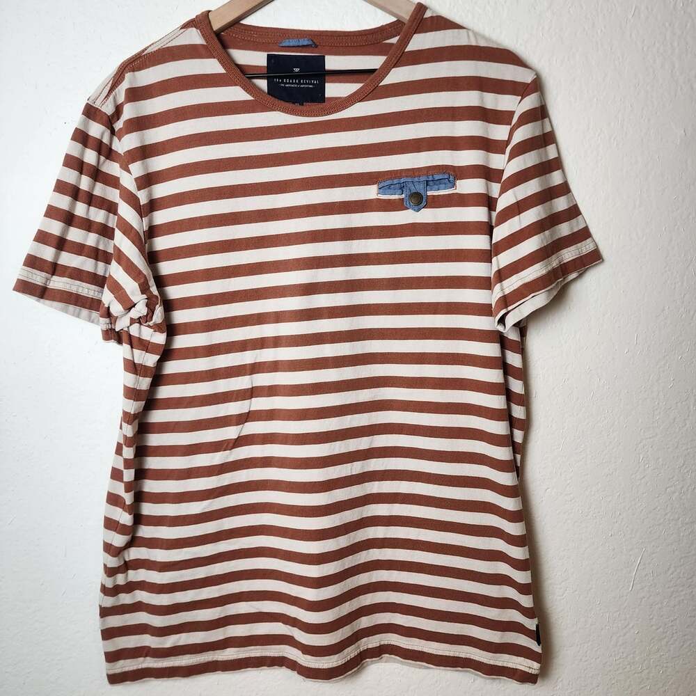 Roark Shirt Womens XL Brown White Stripe Pocket Crewneck Cotton Tee Casual